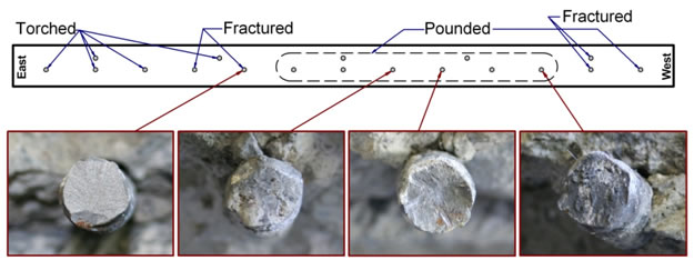 Figure 5. Illustration. Fatigue failure of rebar near lap splice connection. This figure shows the cross section of the longitudinal connection specimen that failed due to metal fatigue of the rebar crossing the connection. The cross section at the connection interface is shown, including the locations of the rebar and the failure surface observed on the rebar. The illustration also includes photos of the ends of four of the rebar. Three of these rebar failed in fatigue and were subsequently impacted by their mating surfaces during the continuing cyclic loading of the specimen. The fourth rebar shows a normal rebar fracture surface.