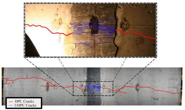 Figure 6. Photo. Flexure cracking across precast panels and a UHPC connection. This figure shows the cracking that was observed on the underside of one of the transverse connection specimens near the completion of the cyclic load application. The applied loads caused structural cracking of the specimen near midspan of the simply supported specimen. An individual crack runs from the north edge of the specimen on the left side of the photo, across the entire precast panel, and then intersects the ultra-high performance concrete (UHPC) connection. As the crack passes the connection interface, it becomes a set of approximately 10 tightly spaced cracks in the UHPC. Upon encountering the interface on the other side of the UHPC connection, the approximately 10 UHPC cracks again become a single crack in the precast concrete panel. The precast concrete panel crack continues to the south edge of the specimen at the right edge of the photo.