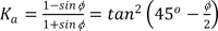 K subscript a equals the quantity 1 minus sine of phi divided by the quantity 1 plus sine of phi which equals the square of the tangent of the quantity 45 degrees minus one half phi.