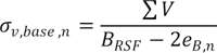 Sigma subscript v,base,n equals the summation of V divided by the difference of B subscript RSF and twice e subscript B,n.