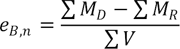 e subscript B,n equals the difference of the summation of M subscript D and the summation of M subscript R divided by the summation of V.