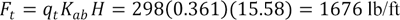 F subscript t equals q subscript t times K subscript ab times H equals 298 times 0.361 times 15.58 which equals 1676 lb/ft.