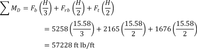 The summation of M subscript D equals F subscript b times one third H plus F subscript rb times one half H plus F subscript t times one half H equals 5258 times one third 15.58 plus 2165 times one half 15.58 plus 1676 times one half 15.58 which equals 57228 ft lb/ft.