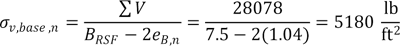 Sigma subscript v,base,n equals the summation of V divided by the difference of B subscript RSF and twice e subscript B,n equals 28078 divided by the difference of 7.5 and twice 1.04 which equals 5180 lb/ft 2.