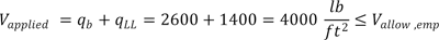 V subscript applied equals the sum of q subscript b and q subscript LL equals the sum of 2600 and 1400 which equals 4000 psf which is less than or equal to V subscript allow,emp.