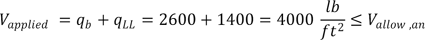 V subscript applied equals the sum of q subscript b and q subscript LL equals the sum of 2600 and 1400 which equals 4000 psf and is less than or equal to V subscript allow,an.