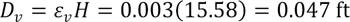 D subscript v equals epsilon subscript v times H equals 0.003 times 15.58 which equals 0.047 ft.