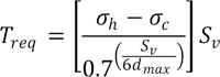 T subscript req equals the difference of sigma subscript h and sigma subscript c times S subscript v divided by the quantity 0.7 raised to the power of the quotient one sixth S subscript v and d subscript max.
