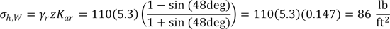 Sigma subscript h, W equals gamma subscript r times z times K subscript ar equals 110 times 5.3 times 0.147 which equals 86 psf.