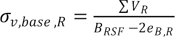 Sigma subscript v,base,R equals the summation of V subscript R divided by the quantity B subscript RSF minus twice e subscript B,R.