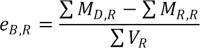 e subscript B,R equals the quotient of the quantity of the difference of the summation of M subscript D,R and the summation of M subscript R,R and the summation of V subscript R.