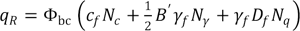 q subscript R equals the product of Phi subscript bc and the sum of the product of c subscript f and N subscript c, the product of one half B prime, gamma subscript f, and N subscript gamma and the product of gamma subscript f, D subscript f, and N subscript q.