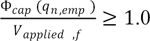 Phi subscript cap times q subscript n,emp divided by V subscript applied, f is greater than or equal to 1.