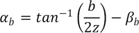 Alpha subscript b equals the difference of the inverse tangent of the quotient of b and twice z, and beta subscript b.