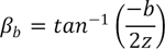 Beta subscript b equals the inverse tangent of the ratio of negative b and twice z