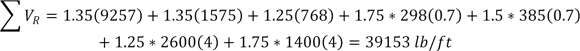 Summation of V subscript R equals the product of 1.35 and 9257 plus the product of 1.35 and 1575 plus the product of 1.25 and 768 plus the product of 1.75 and 298 and 0.7 plus the product of 1.5, 385, and 0.7 plus the product of 1.25, 2600, and 4 plus the product of 1.75, 1400, and 4 equals 39153 lb/ft.