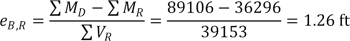 e subscript B,R equals the difference of the summation of M subscript D and the summation of M subscript R divided by the summation of V subscript R which equals the difference of 89106 and 36296 divided by 39153 which equals 1.26 ft.