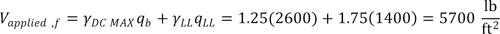 V subscript applied,f equals the product of gamma subscript DC MAX and q subscript b plus the product of gamma subscript LL and q subscript LL which equals the product of 1.25 and 2600 plus the product of 1.75 and 1400 which equals 5700 psf.