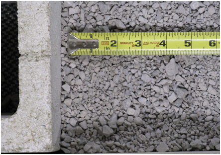 Photo showing a sample of a typical AASHTO No. 89 open-graded gravel used in the construction of a geosynthetic reinforced soil (GRS) wall. A ruler is shown to give an idea of scale. The pieces are angular and of varying sizes, with the largest pieces about 0.25 inch by 0.5 inch.