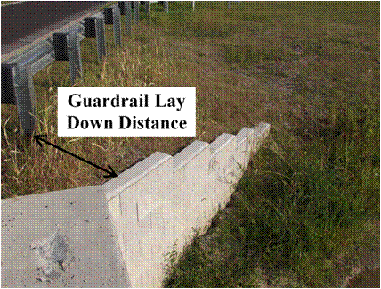 Photo showing a wing wall located behind a steel guardrail along the side of a road. The distance from the guardrail post to the edge of the wing wall is marked as the guardrail lay-down distance.