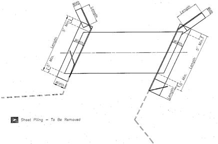 Drawing showing the top view of the Bowman Road Bridge project, which includes two abutments, wing walls, and the bridge beams. The drawing also indicates where current sheet piling is located and which portion of the sheet piling is to be removed.