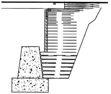 Sketch showing a cross section of a geosynthetic reinforced soil integrated bridge system (GRS-IBS) built behind an existing concrete abutment. A wrapped-face reinforced soil foundation (RSF) is shown directly behind the existing abutment with the GRS abutment built on top of the RSF. The concrete beams bear directly on the GRS mass with the integrated approach behind the concrete beams.