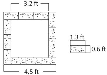 Drawing showing a plan view of the Defiance County experiment. The dimensions are 4.5 ft by 4.5 ft (3.5 blocks on each edge). The inside dimensions of the experiment not including the concrete masonry unit (CMU) block face is 3.2 ft by 3.2 ft. The plan view dimensions of the CMU block are 1.3-ft wide by 0.6 ft thick.