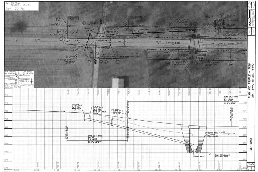 Illustration showing two parts: an aerial photo of the bridge project site and the cross section profile of the roadway leading to the bridge.