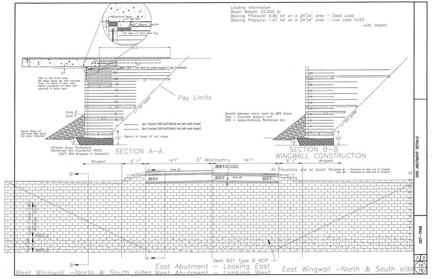 Illustration showing a single-sheet plan. This drawing is very similar to what is shown in figure 100; however, included in this figure are the pay limits of the cut slope. The bearing pressure for both live (HL-93 with impact) and dead load is also shown in the top right corner.