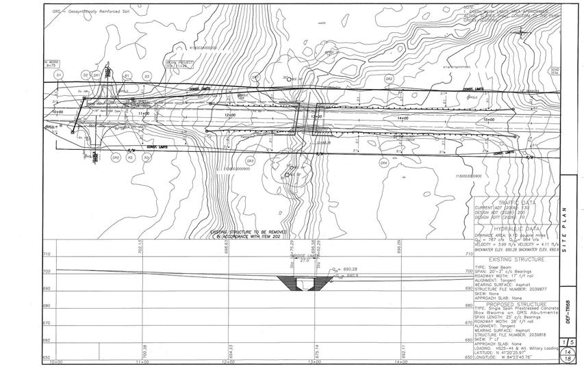 Illustration showing the site plan for a bridge project. The site plan is divided into two parts: the top part shows a topographic map view of the roadway elevation with the bridge superimposed, and the bottom part shows a cross-sectional sketch of the roadway and the bridge in relation to the elevations.
