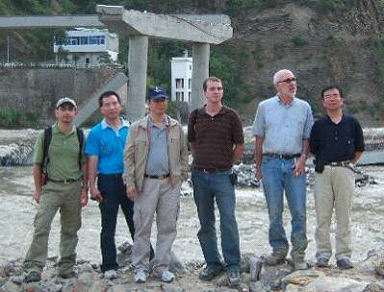 Photo. Members (from left to right) of the Wenchuan Earthquake Reconnaissance Team: Y. Hashash, G. Chen, P. Yen, C. Holub, M. Yashinsky, and K. Wang. Click here for more information.