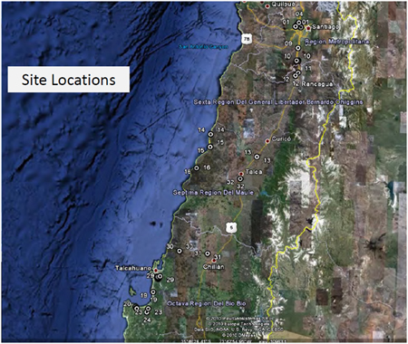 Map. Site locations visited by TIRT. Click here for more information.