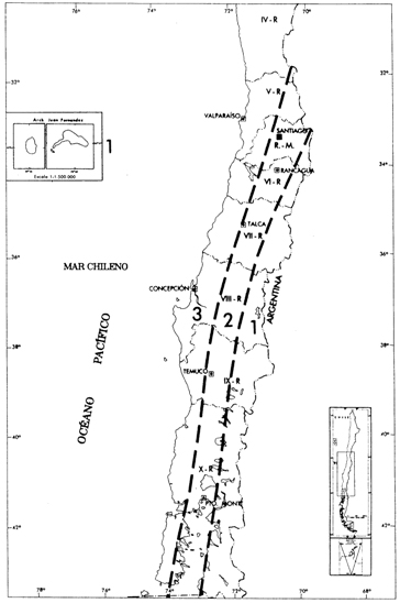 Map. Seismic zone map for central Chile. Click here for more information.