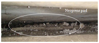 Photo. Neoprene pad degradation on westbound ramp to Llacolen bridge. Click here for more information.