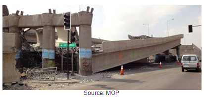 Photo. Three unseated spans of northeast-bound Lo Echevers bridge. Click here for more information.