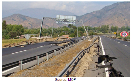 Photo. Close-up of approach fill failure and damaged sign bridge. Click here for more information.