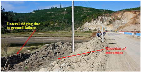 Photo. Evidence of ground failure perpendicular to roadway centerline at northwest approach of Raqui 1 bridge. Click here for more information.