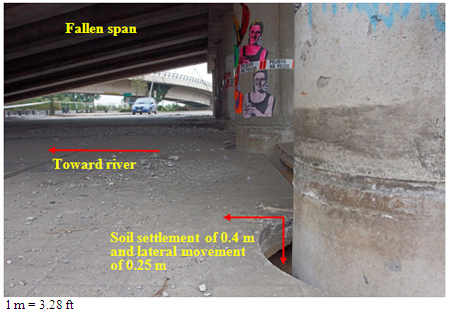 Photo. Settlement and lateral ground movement of interior pier at northeast end of Llacolen bridge. Click here for more information.