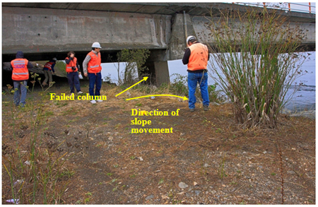 Photo. Damage to pier columns for mainline Juan Pablo II bridge. Click here for more information.