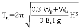 T subscript n equals 2 pi times the square root of the equation 0.3 W subscript p plus W subscript u times H to the third power divided by 0.3 E subscript c times I times g.