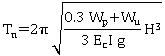 T subscript n equals 2 pi times the square root of the equation 0.3 W subscript p plus W subscript u times H to the third power divided by 0.3 E subscript c times I times g.