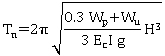 T subscript n equals 2 pi times the square root of the equation 0.3 W subscript p plus W subscript u times H to the third power divided by 0.3 E subscript c times I times g.