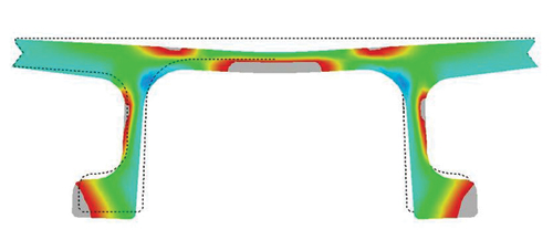 This figure shows the undeformed and deformed shapes of a ultra-high performance concrete (UHPC) pi-girder cross section as computed in a finite element analysis program. The cross section has been subjected to a large point load applied in the center of the deck.