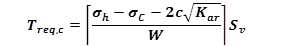 Figure 10. Equation. Required reinforcement strength. Required reinforcement strength is calculated as T subscript r e q comma c equals S subscript v times open parentheses sigma subscript h minus sigma subscript c minus the product of 2C and squareroot of K subscript a r close parentheses divided by W.