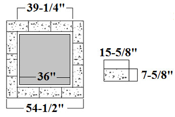 Figure 17. Illustration. Concrete footing on GRS composite, inset from facing. This figures depicts a cross-section and corner detail of a pier. Individual blocks are 15-5/8 inches by 7-5/8 inches. Three blocks per face laid with a half block overlap at the corners results in a 54-Â½ inch square external dimension. The internal dimension is 39-Â¼ inches. The 36-inch square load load pad is inset 1-5/8 inches around the inside perimeter of the concrete masonry unit facing.