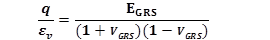 Figure 50. Equation. Stiffness of an Infinitely Long Unconfined GRS abutment. The quotient of q divided by epsilon subscript v equals the quotient of e subscript GRS divided by the product of one plus v subscript GRS times 1 minus v subscript GRS.