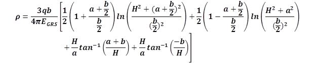 Figure 52. Equation. Vertical displacement of a GRS abutment with a strip footing.  Rho is equal to 3 times q times b divided by the product of 4, pi, and E subscript GRS multiplied by open brackets Â½ times open parenthesis the sum of one the quotient of the sum of a plus b/2 and b/2 close parentheses times the natural log of open parenthesis the sum of the square of h and the square of the sum of b/2 divided by the square of b/2  close parenthesis plus one half times open parentheses one minus the quotient of the sum of a and b/2 and b/2 close parentheses times the natural log of open parenthesis the sum of the square of h and the square of a divided by the square of b/2 close parenthesis plus h divided by a times the arctangent of the quotient of the sum of a and b and H plus h divided by a times the arctangent of the quotient of negative b and H close brackets.