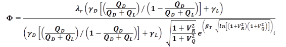 Figure 90. Equation. Resistance factor using FOSM. The resistance factor is equal to the quotient of open brackets lambda subscript r times open parentheses gamma subscript d times open brackets open parentheses Q subscript D divided by the sum of Q subscript d and Q subscript L close parenthesis divded by the subtraction of 1 and the quotient of q subscript d and the sum of q subscript d and q subscript l close parentheses close brackets plus gamma subscript l close parenthesis close brackets divided by open brackets open parenthesis gamma subscript d times open brackets open parenthesis q subscript d divided by the sum of q subscript d and q subscript l close parentheses divided by open parentheses one minus q subscript d divided by the sum of q subscript d and q subscript l close parentheses close brackets plus gamma subscript l close parentheses times the squareroot of the quotient of the sum of one and the square of v subscript r and the sum of one and the square of v subscript q times the exponent of open parentheses beta subscript t times the square root of the natural log of the product of the sum of one and the square of v subscript r and the sum of one and the square of v subscript q close parenthesis close brackets.