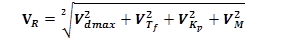 Figure 92. Equation. Coefficient of variation for resistance. V subscript r equals the square root of the sum of the square of v subscript dmax, the square of v subscript TF, the square of v subscript KP, and the square of v subscript m.