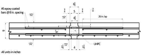 This line drawing shows the dimensions of critical aspects of two adjacent precast concrete full-depth deck panels connected by an ultra-high performance concrete field-cast connection.